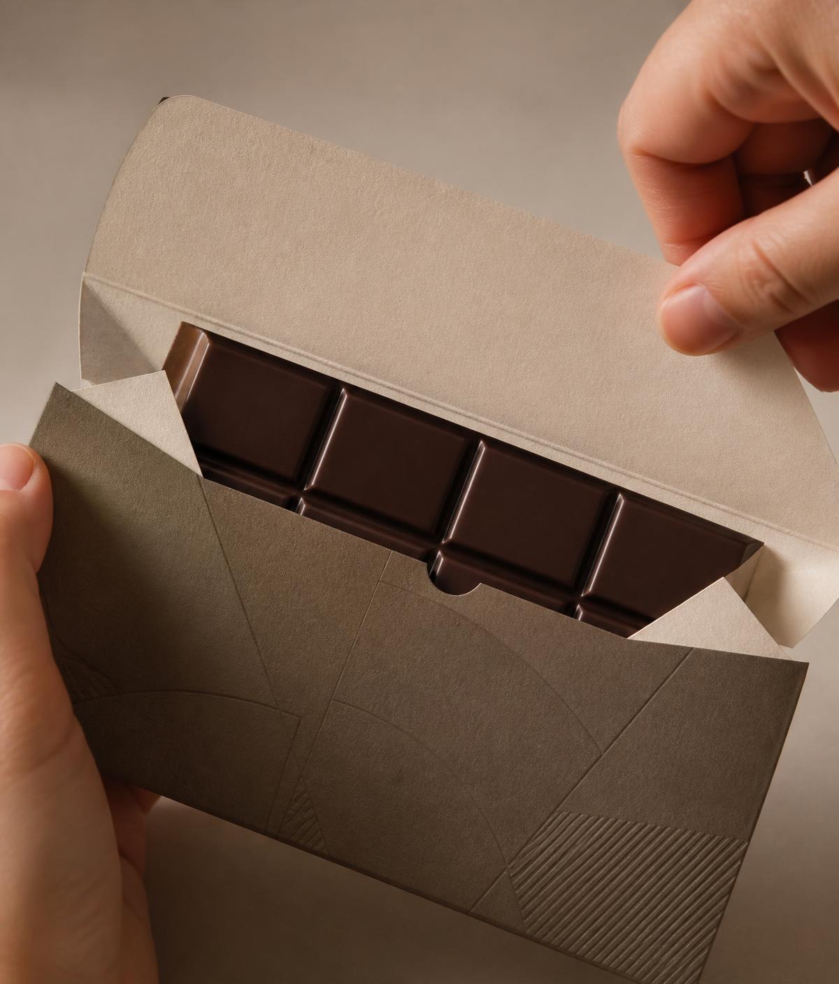 Embalagem de chocolate premium em papel sofisticado.