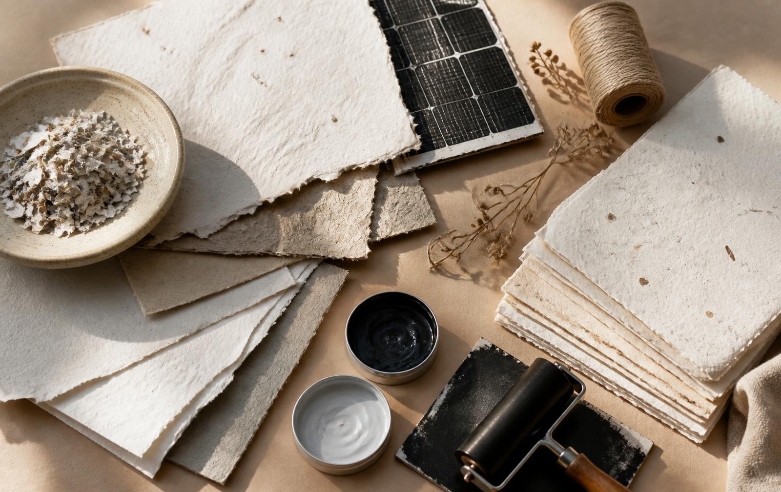 Composição conceitual com papel, fibras, energia solar e materiais gráficos.